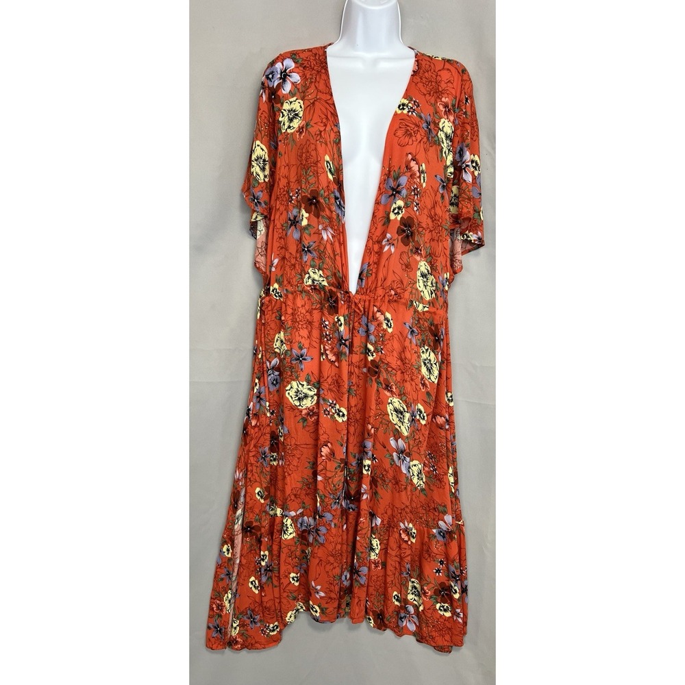 Torrid Kimono Orange floral tie front sexy Size 3 Short Sleeve Slits Side Ruffle